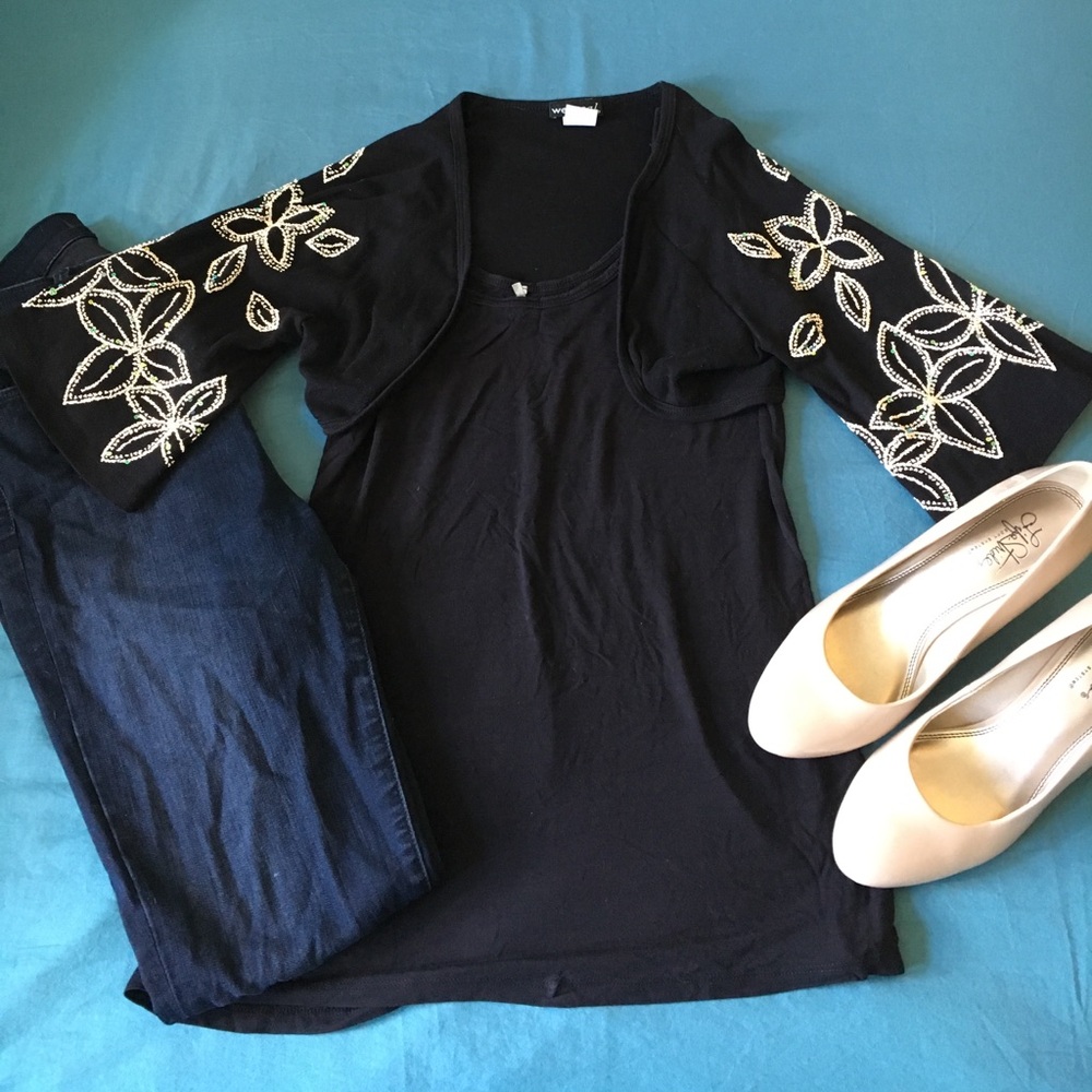 Black Women's Bolero Jacket with Embroidered Sleeves